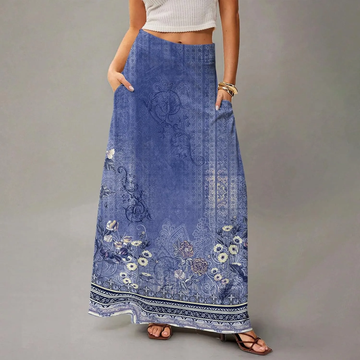 2025 Summer Flowy Long Maxi Skirts for Women Boho Floral High Waisted Casual Pleated Beach A Line Skirt with Pocket