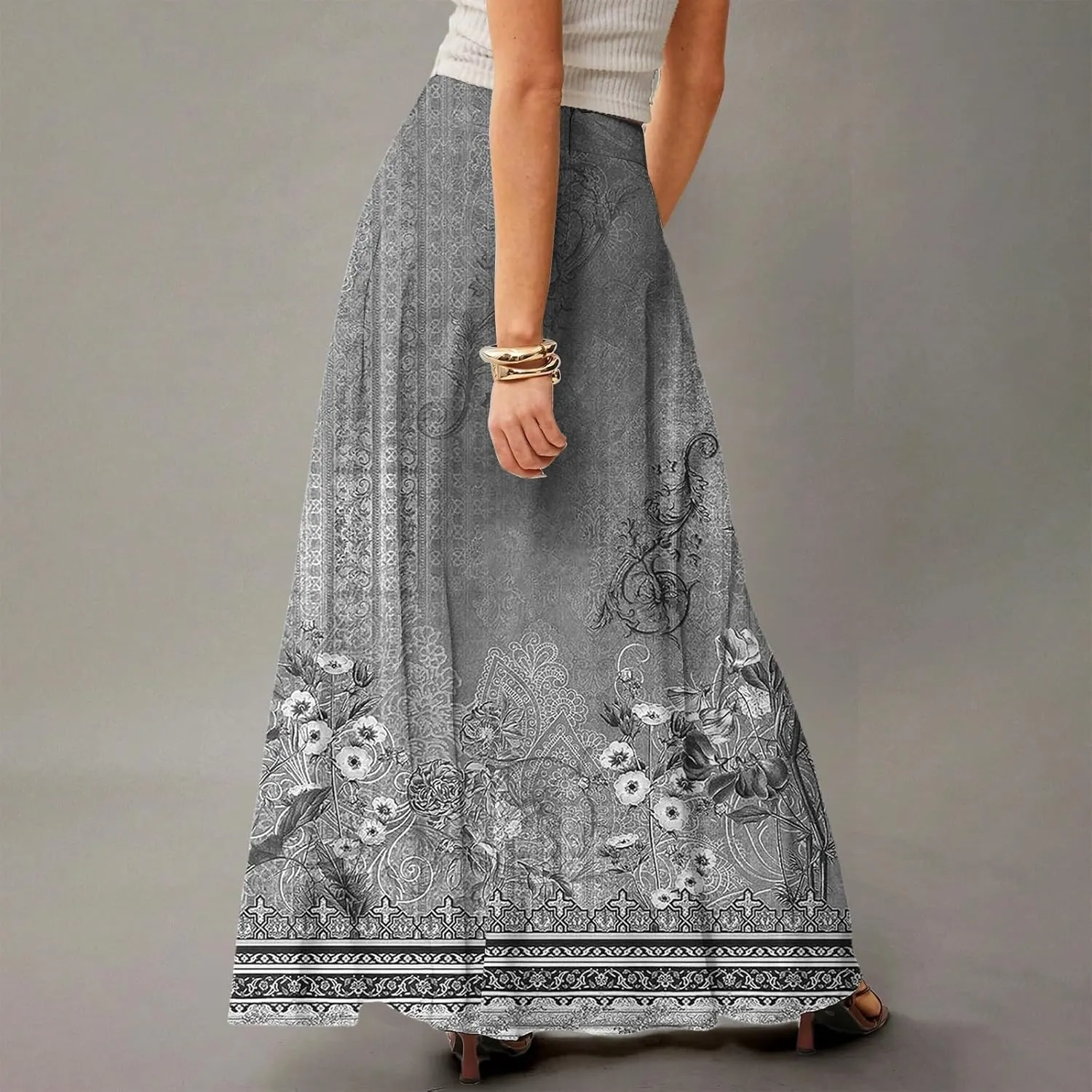 2025 Summer Flowy Long Maxi Skirts for Women Boho Floral High Waisted Casual Pleated Beach A Line Skirt with Pocket