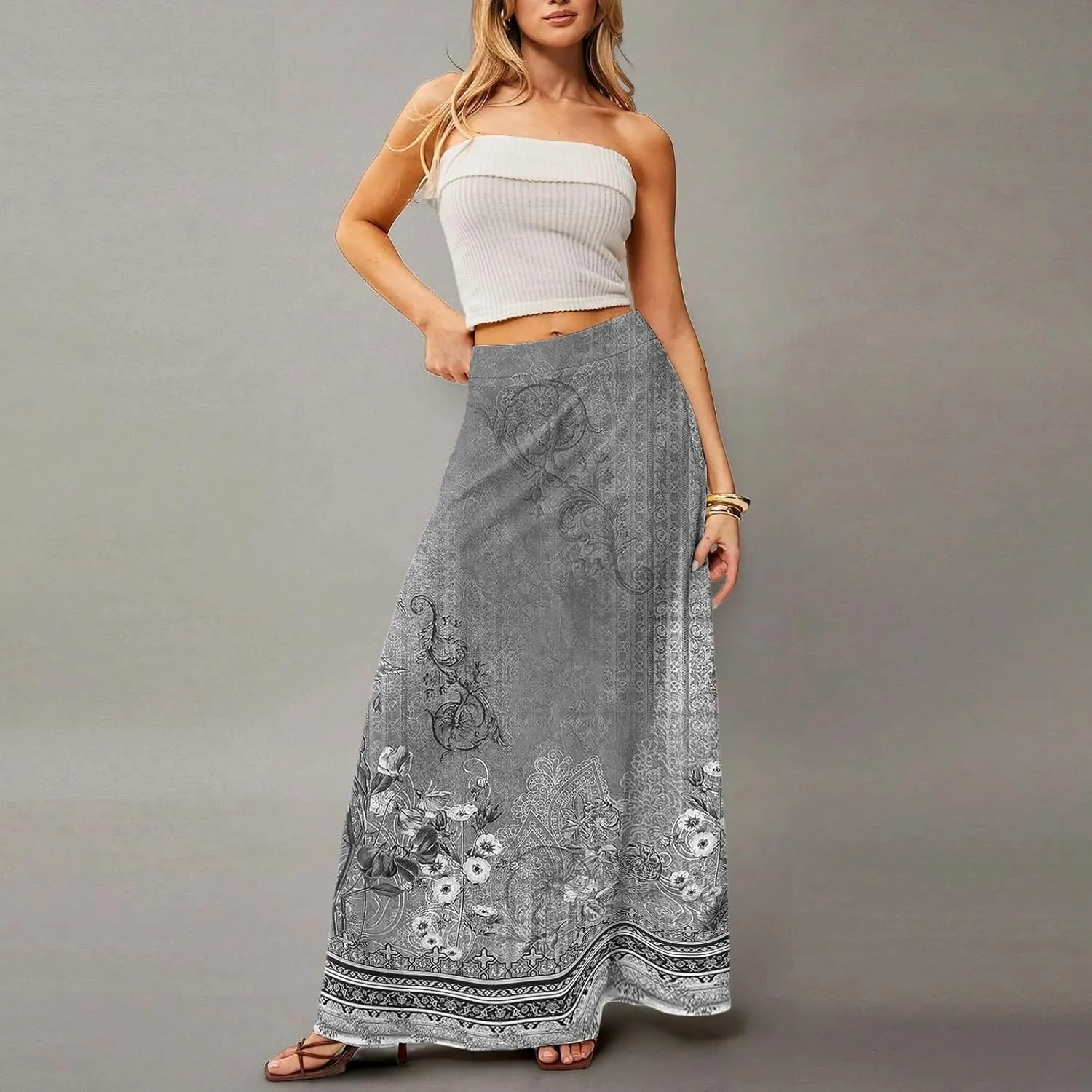 2025 Summer Flowy Long Maxi Skirts for Women Boho Floral High Waisted Casual Pleated Beach A Line Skirt with Pocket