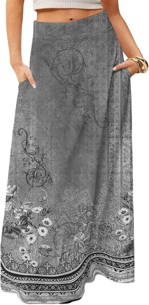 2025 Summer Flowy Long Maxi Skirts for Women Boho Floral High Waisted Casual Pleated Beach A Line Skirt with Pocket