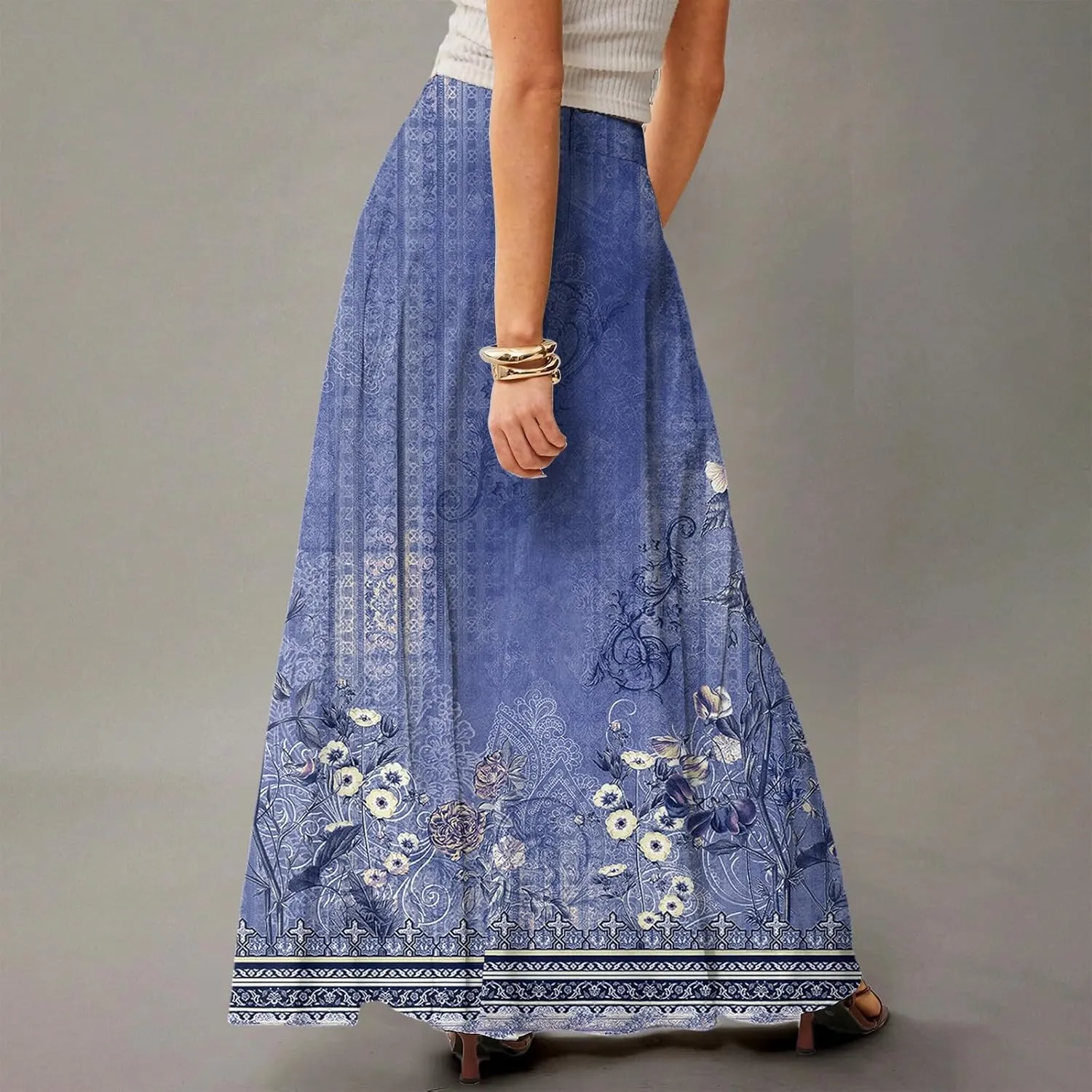 2025 Summer Flowy Long Maxi Skirts for Women Boho Floral High Waisted Casual Pleated Beach A Line Skirt with Pocket