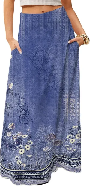 2025 Summer Flowy Long Maxi Skirts for Women Boho Floral High Waisted Casual Pleated Beach A Line Skirt with Pocket