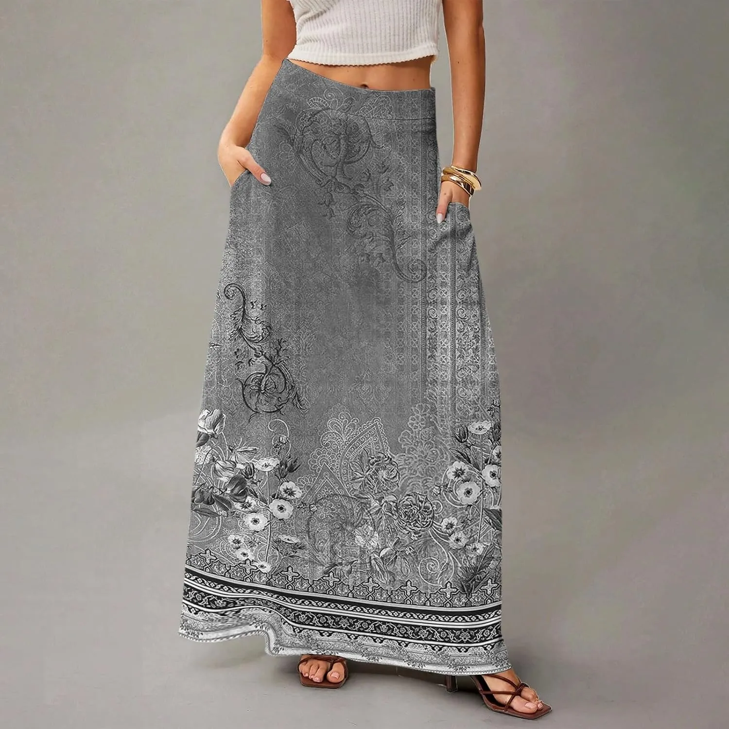 2025 Summer Flowy Long Maxi Skirts for Women Boho Floral High Waisted Casual Pleated Beach A Line Skirt with Pocket