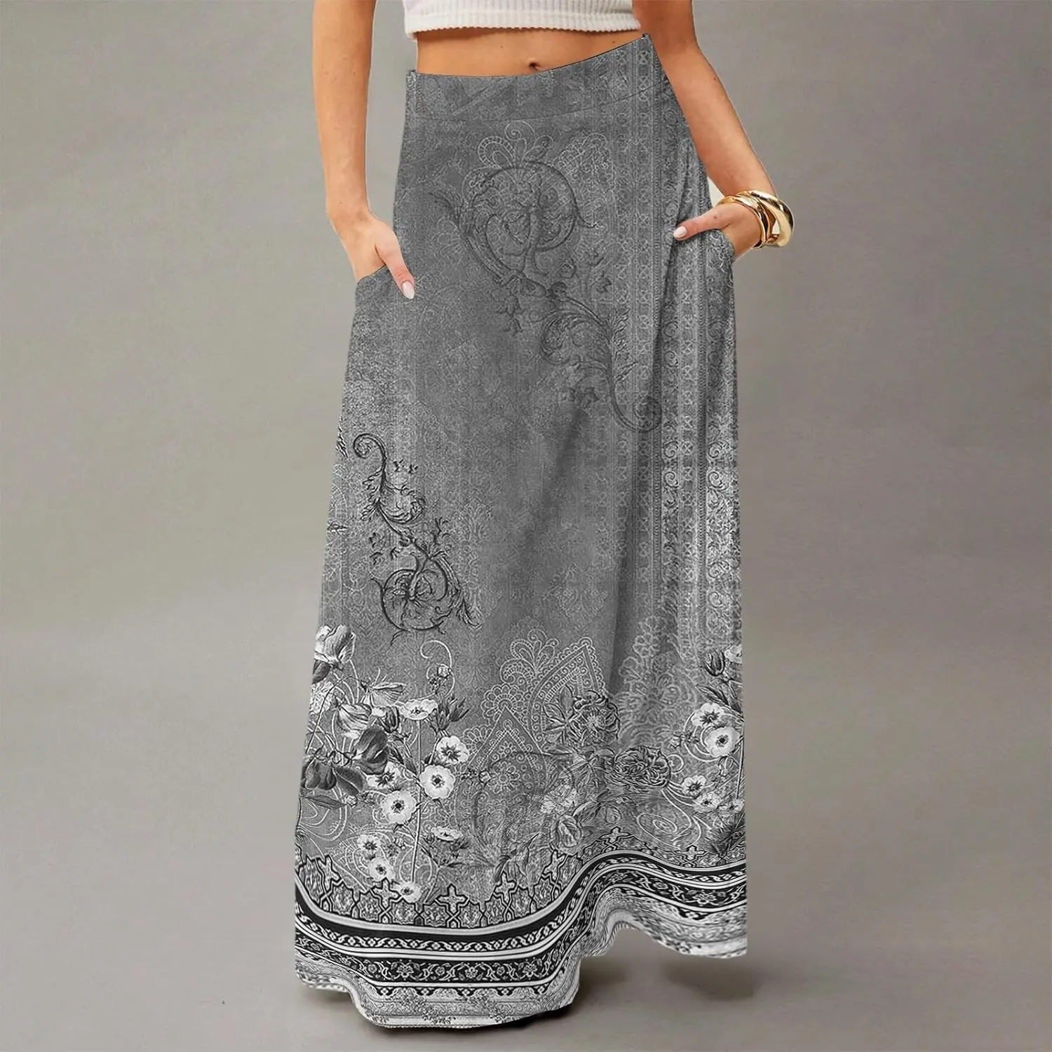 2025 Summer Flowy Long Maxi Skirts for Women Boho Floral High Waisted Casual Pleated Beach A Line Skirt with Pocket