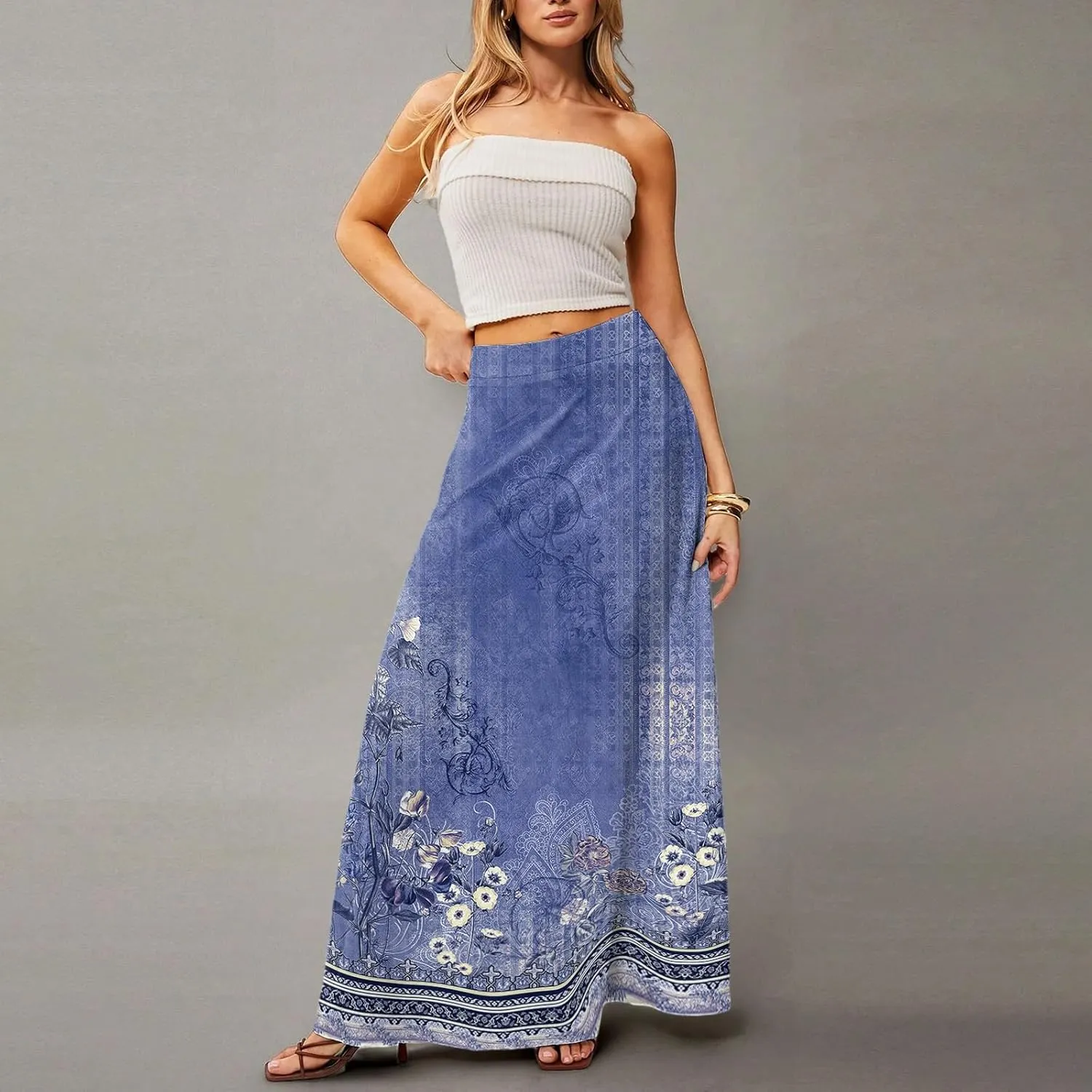 2025 Summer Flowy Long Maxi Skirts for Women Boho Floral High Waisted Casual Pleated Beach A Line Skirt with Pocket
