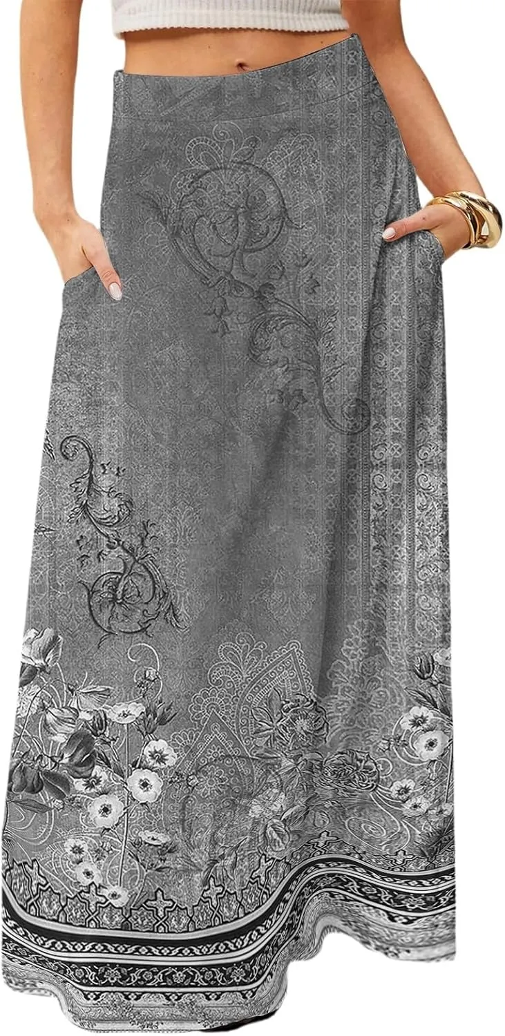 2025 Summer Flowy Long Maxi Skirts for Women Boho Floral High Waisted Casual Pleated Beach A Line Skirt with Pocket