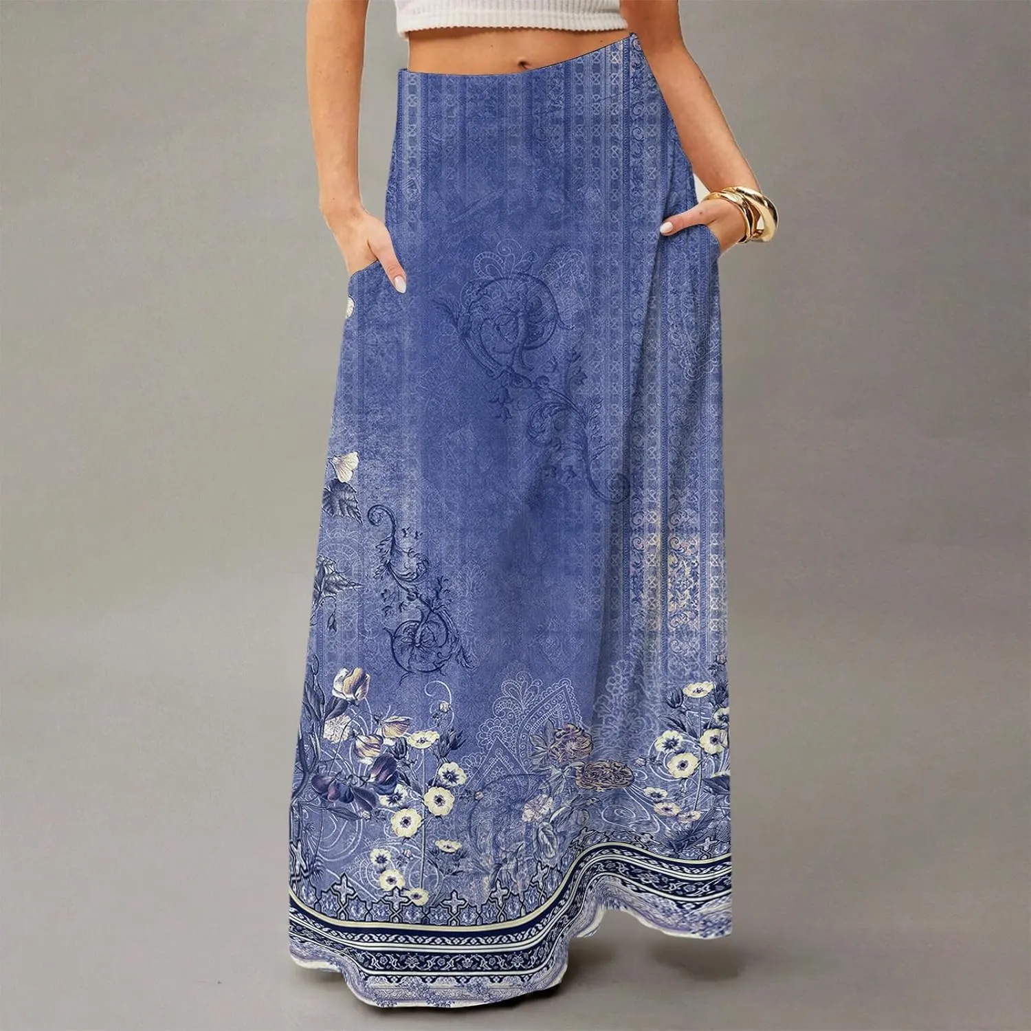 2025 Summer Flowy Long Maxi Skirts for Women Boho Floral High Waisted Casual Pleated Beach A Line Skirt with Pocket