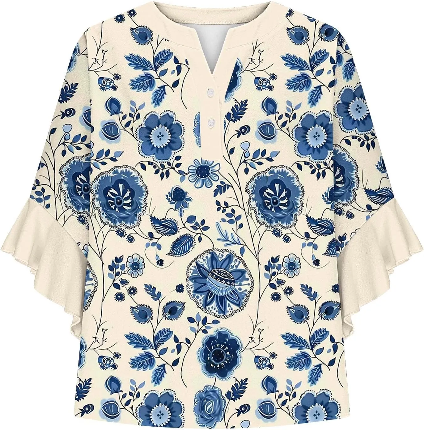 3/4 Length Sleeve Womens Tops Casual V Neck Button Down Shirts Floral Print Flowy Boho Tops 2025 Summer Blouses