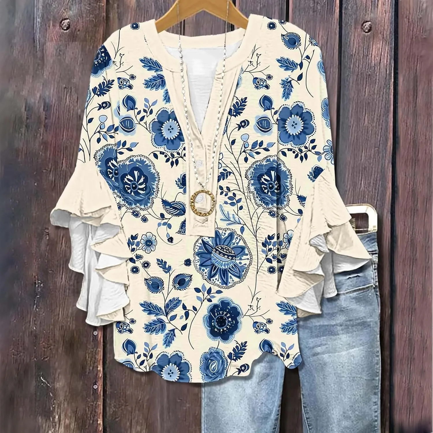 3/4 Length Sleeve Womens Tops Casual V Neck Button Down Shirts Floral Print Flowy Boho Tops 2025 Summer Blouses