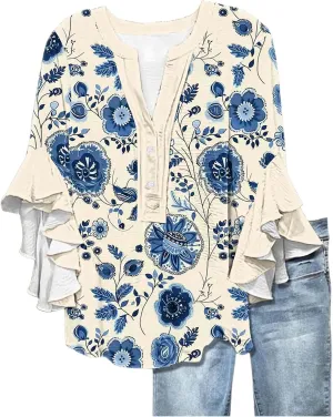 3/4 Length Sleeve Womens Tops Casual V Neck Button Down Shirts Floral Print Flowy Boho Tops 2025 Summer Blouses