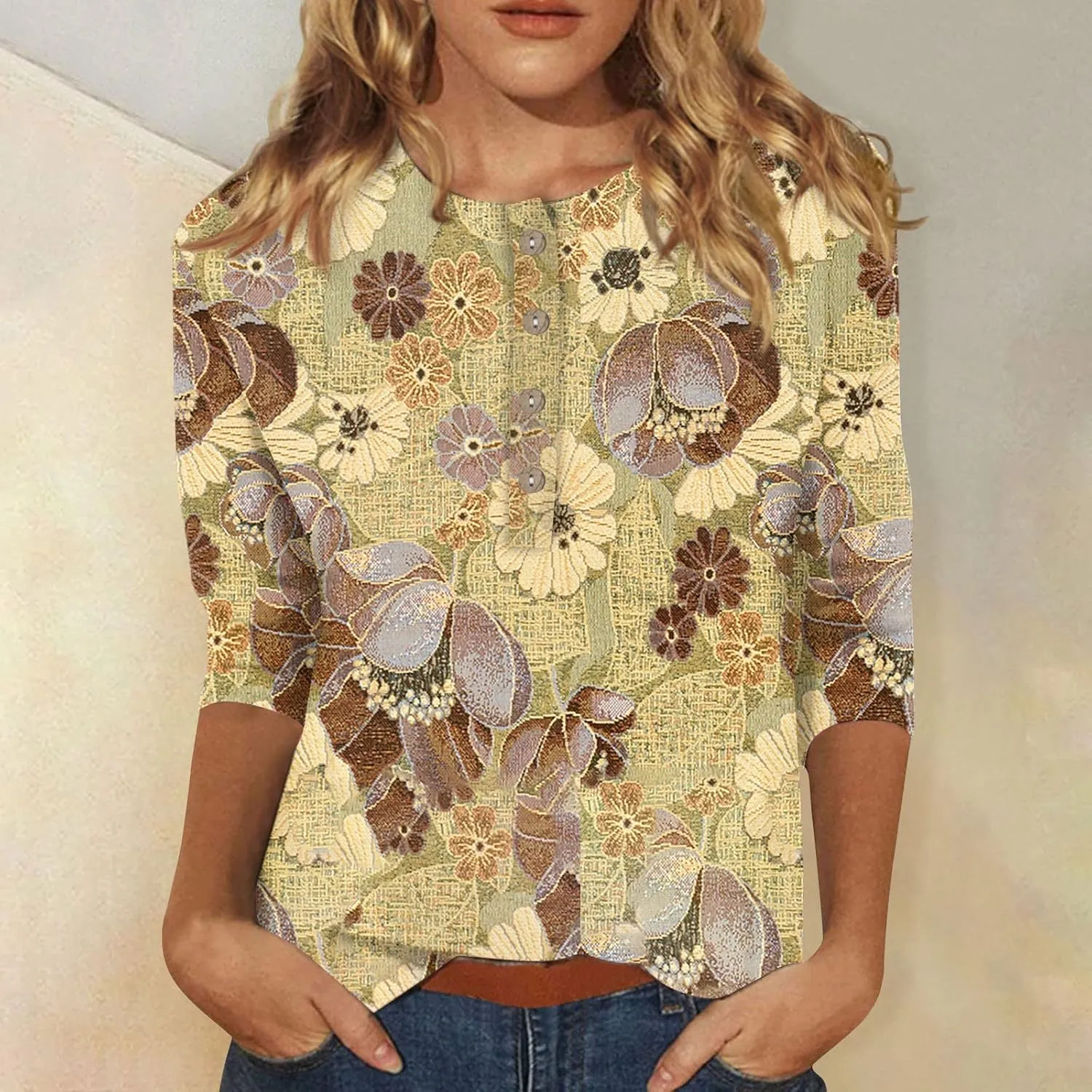 3/4 Sleeve Tops for Women Work Tops Summer Elbow Sleeve Shirt Casual Shirt Button Down Crewneck Tops Trendy
