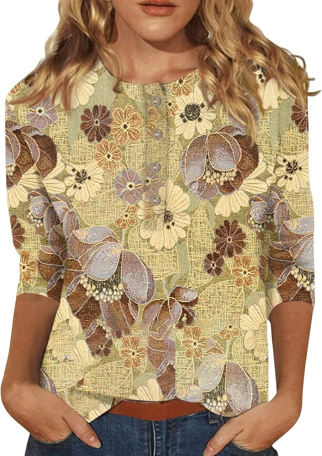 3/4 Sleeve Tops for Women Work Tops Summer Elbow Sleeve Shirt Casual Shirt Button Down Crewneck Tops Trendy
