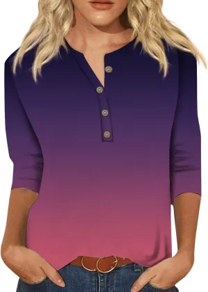 3/4 Sleeve Tops for Women Work Tops Summer Elbow Sleeve Shirt Casual Shirt Button Down Crewneck Tops Trendy