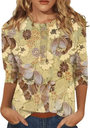 3/4 Sleeve Tops for Women Work Tops Summer Elbow Sleeve Shirt Casual Shirt Button Down Crewneck Tops Trendy