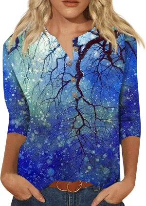 3/4 Sleeve Tops for Women Work Tops Summer Elbow Sleeve Shirt Casual Shirt Button Down Crewneck Tops Trendy