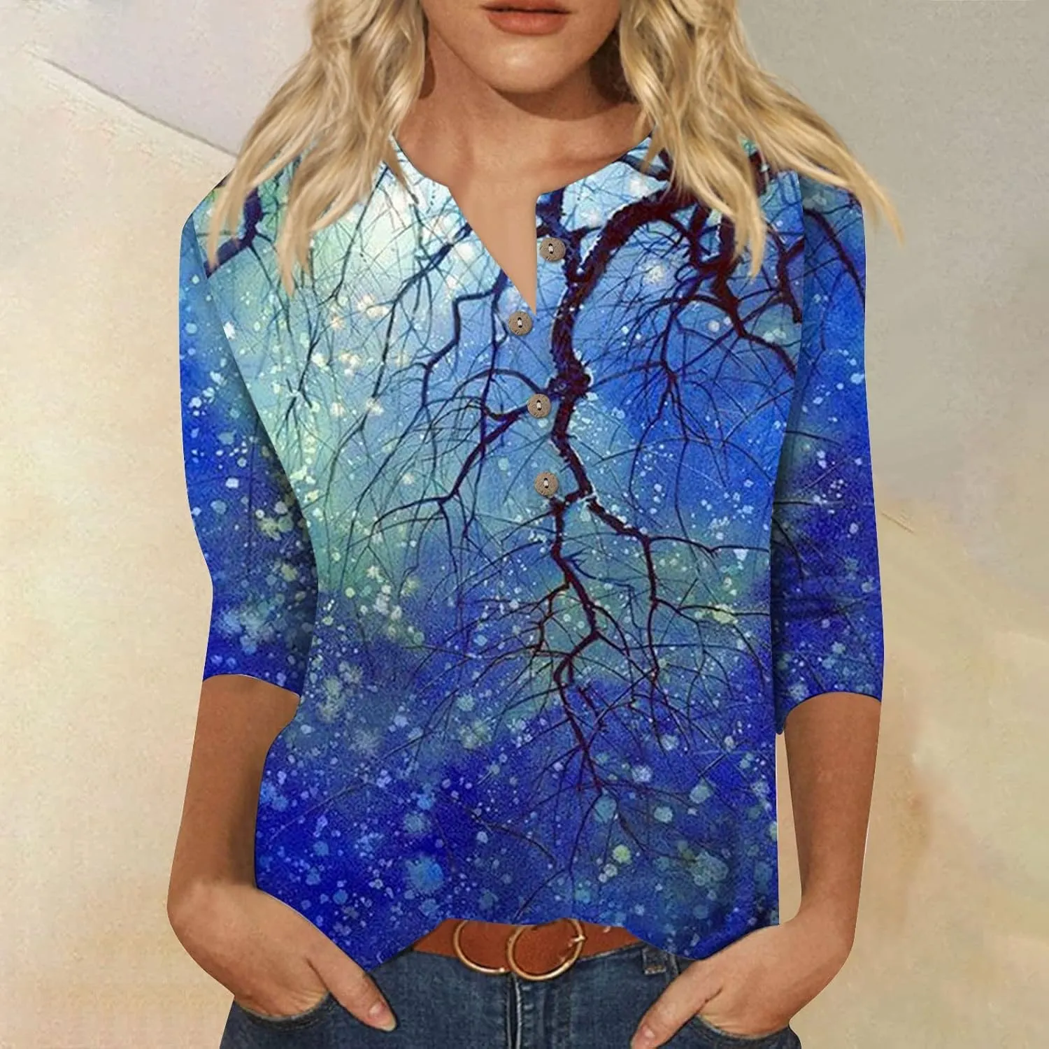 3/4 Sleeve Tops for Women Work Tops Summer Elbow Sleeve Shirt Casual Shirt Button Down Crewneck Tops Trendy