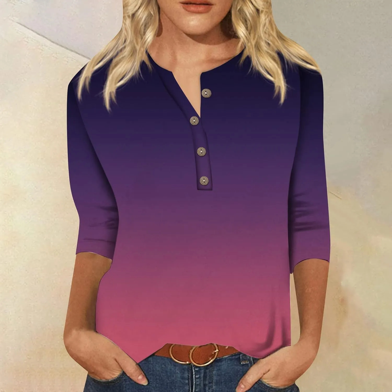 3/4 Sleeve Tops for Women Work Tops Summer Elbow Sleeve Shirt Casual Shirt Button Down Crewneck Tops Trendy