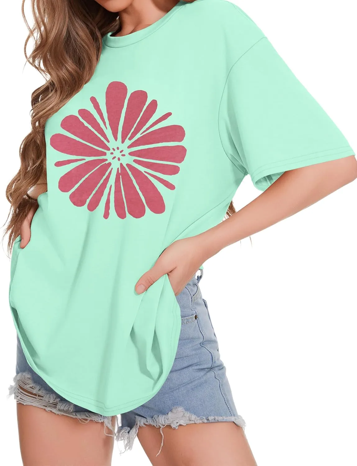 ADOREJOY Oversized Tshirts for Women Crewneck Summer Short Sleeve Loose Graphic Basic Tees