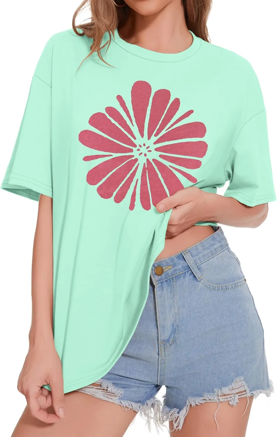 ADOREJOY Oversized Tshirts for Women Crewneck Summer Short Sleeve Loose Graphic Basic Tees