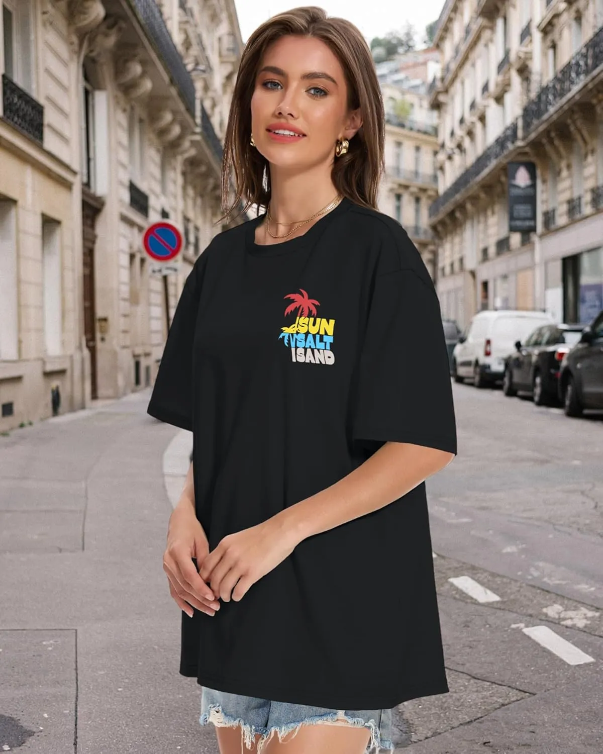 ADOREJOY Oversized Tshirts for Women Crewneck Summer Short Sleeve Loose Graphic Basic Tees