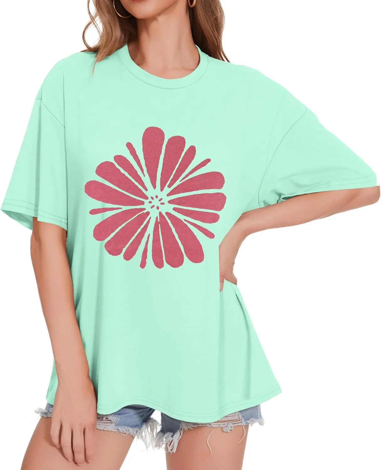 ADOREJOY Oversized Tshirts for Women Crewneck Summer Short Sleeve Loose Graphic Basic Tees