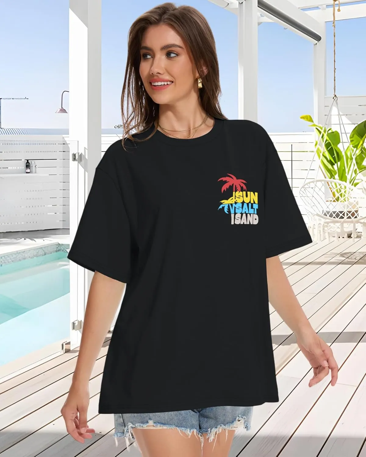 ADOREJOY Oversized Tshirts for Women Crewneck Summer Short Sleeve Loose Graphic Basic Tees