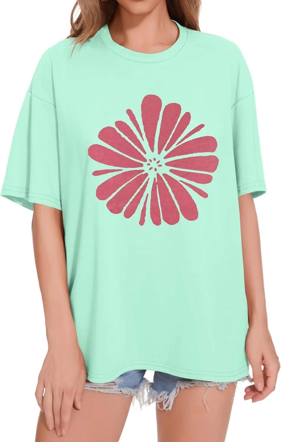 ADOREJOY Oversized Tshirts for Women Crewneck Summer Short Sleeve Loose Graphic Basic Tees