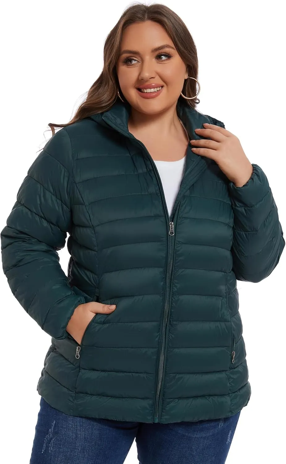 ANOTHER CHOICE Plus Size Packable Puffer Coat for Women, Light Weight Winter Jacket with Hood