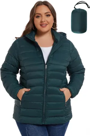 ANOTHER CHOICE Plus Size Packable Puffer Coat for Women, Light Weight Winter Jacket with Hood