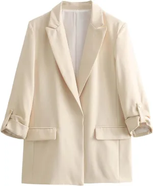 Blazers for Women Casual 2024 Fall Trendy Rolled Hem Work Office Suit Blazers Long Sleeve Solid Color Lapel Jackets