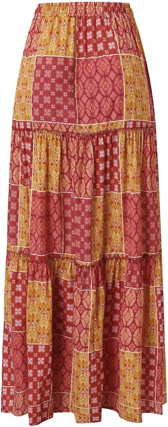Boho Floral Maxi Skirt Women Elastic High Waist Tiered Pleated Flowy Long Skirt Summer Casual Beach with Pockets