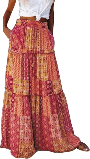 Boho Floral Maxi Skirt Women Elastic High Waist Tiered Pleated Flowy Long Skirt Summer Casual Beach with Pockets