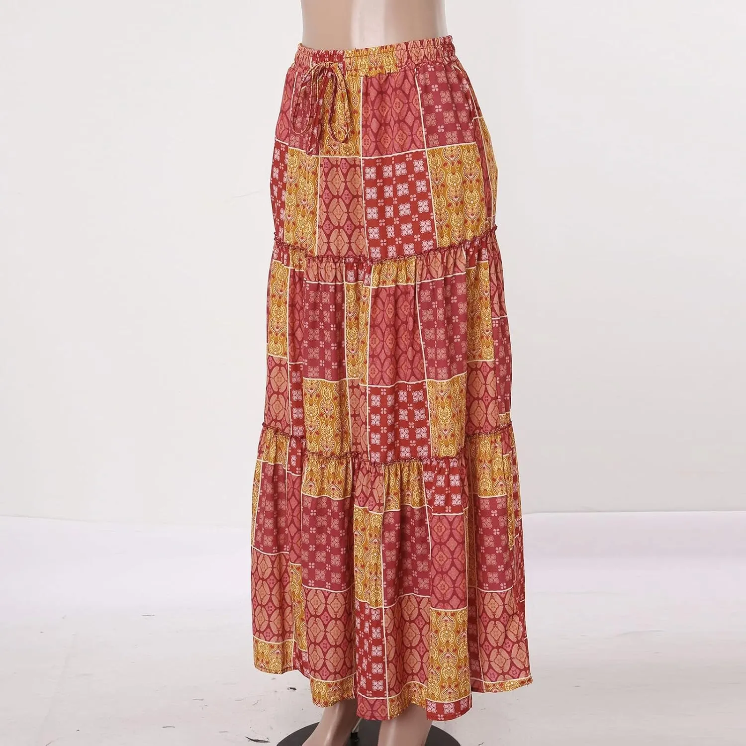 Boho Floral Maxi Skirt Women Elastic High Waist Tiered Pleated Flowy Long Skirt Summer Casual Beach with Pockets