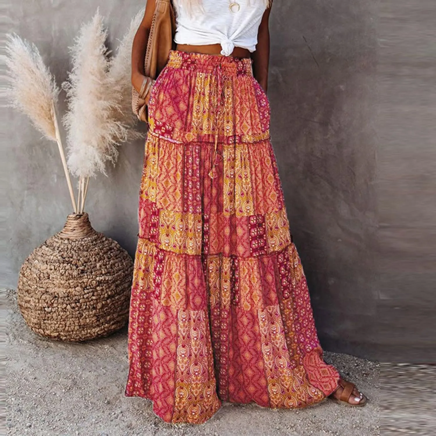 Boho Floral Maxi Skirt Women Elastic High Waist Tiered Pleated Flowy Long Skirt Summer Casual Beach with Pockets