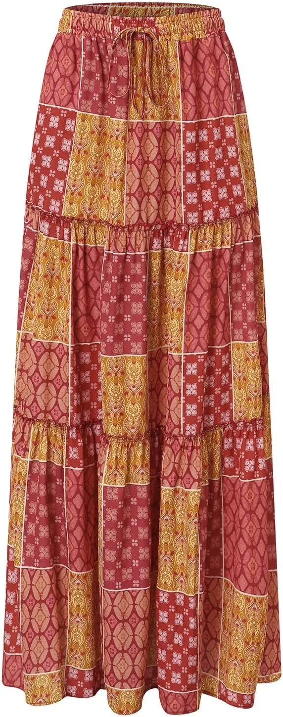 Boho Floral Maxi Skirt Women Elastic High Waist Tiered Pleated Flowy Long Skirt Summer Casual Beach with Pockets