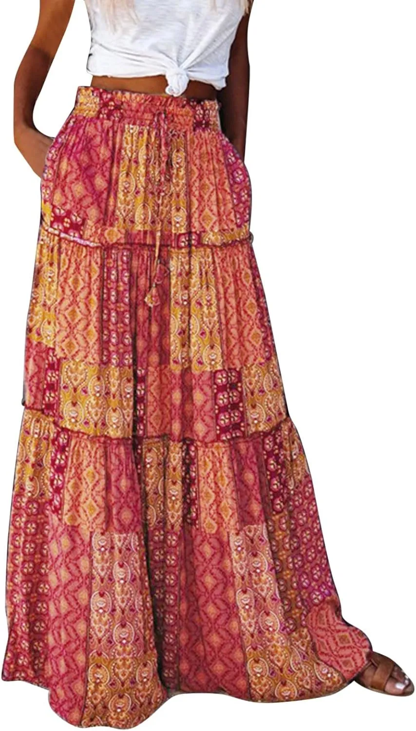 Boho Floral Maxi Skirt Women Elastic High Waist Tiered Pleated Flowy Long Skirt Summer Casual Beach with Pockets