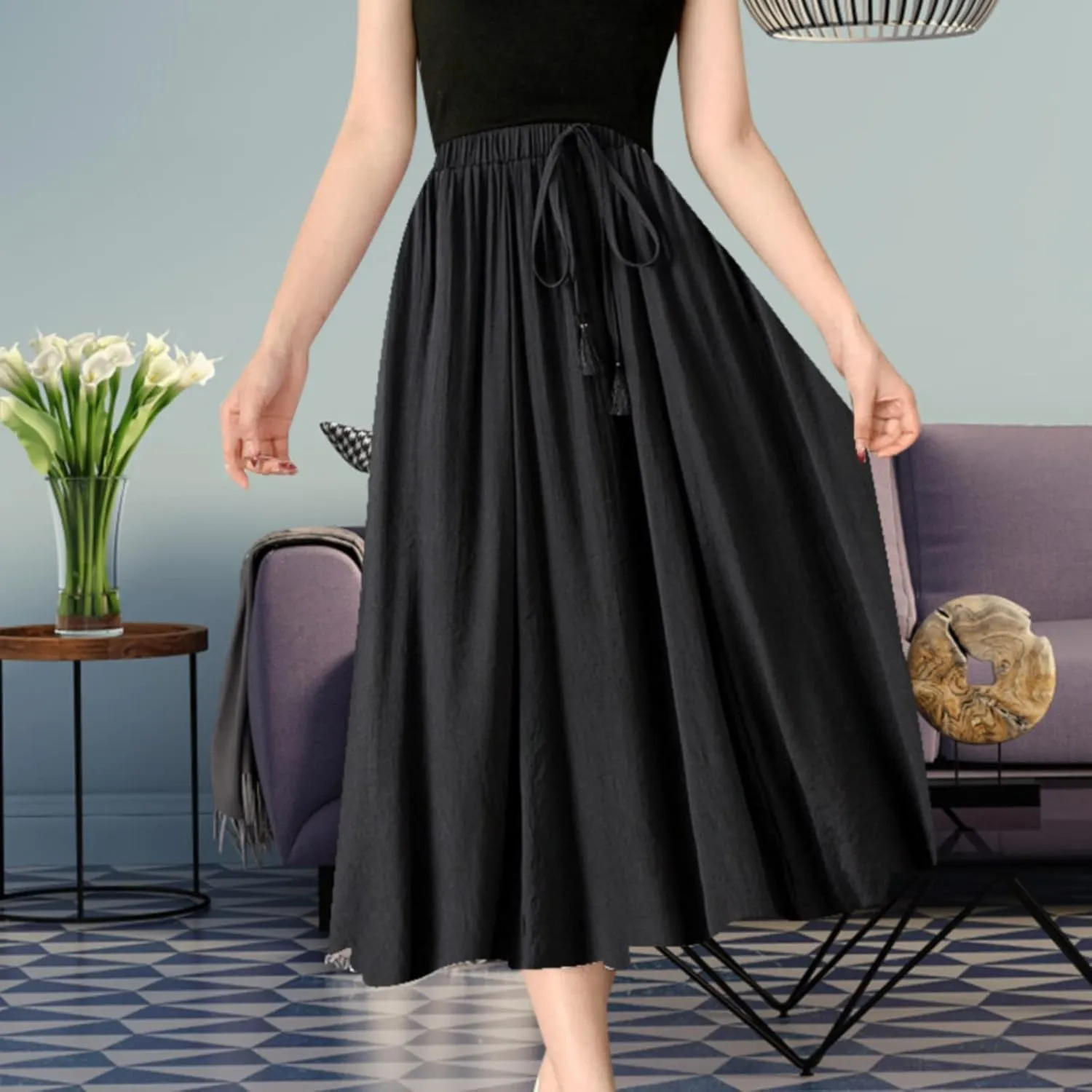 Boho Floral Summer Maxi Skirts Women Elastic High Waist Tiered Pleated Flowy Long Casual Beach Skirt