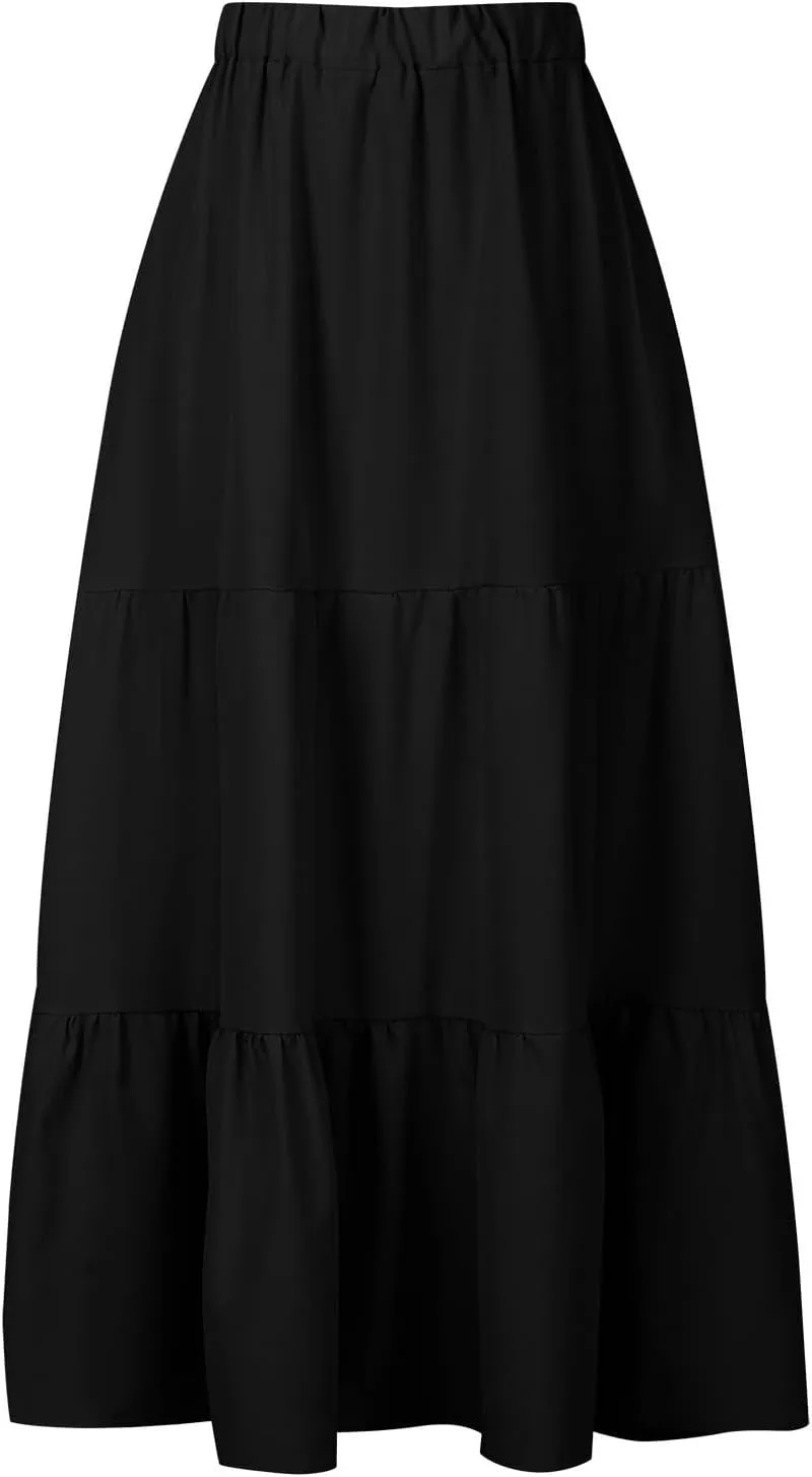 Boho Long Flaired Maxi Tier Skirt Elastic Waist Rayon Bohemian Skirts Fashion A-Line Midi Half Dress