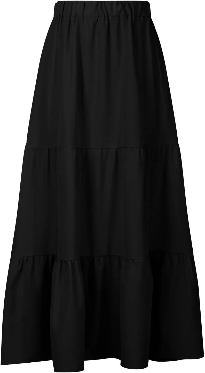 Boho Long Flaired Maxi Tier Skirt Elastic Waist Rayon Bohemian Skirts Fashion A-Line Midi Half Dress