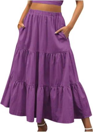 Boho Long Flaired Maxi Tier Skirt Elastic Waist Rayon Bohemian Skirts Fashion A-Line Midi Half Dress