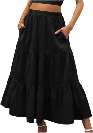 Boho Long Flaired Maxi Tier Skirt Elastic Waist Rayon Bohemian Skirts Fashion A-Line Midi Half Dress