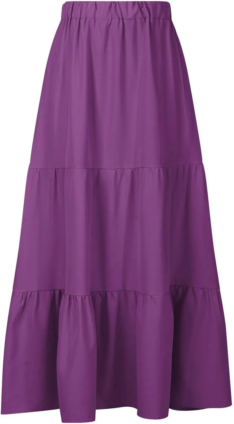 Boho Long Flaired Maxi Tier Skirt Elastic Waist Rayon Bohemian Skirts Fashion A-Line Midi Half Dress