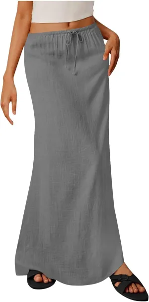 Boho Skirts Women 2025 Maxi Summer Skirts Drawstring Waist Casual Long Skirt Trendy Flowy Skirts for Beach Vacation