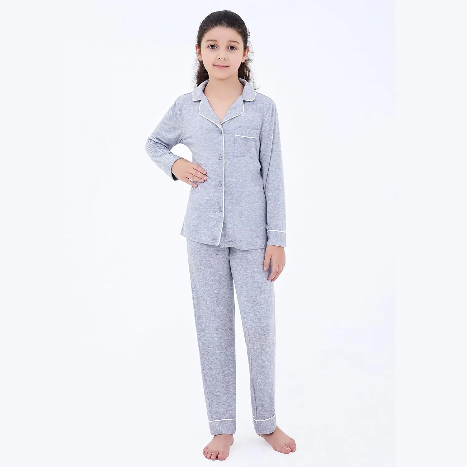 Boys Girls 𝐏a𝐣ama Set Solid Button Down Long Sleeve Sl𝐞epwear Cotton 𝐏ajamas for Kids 𝐏js Loung𝐞wear Tops Pants