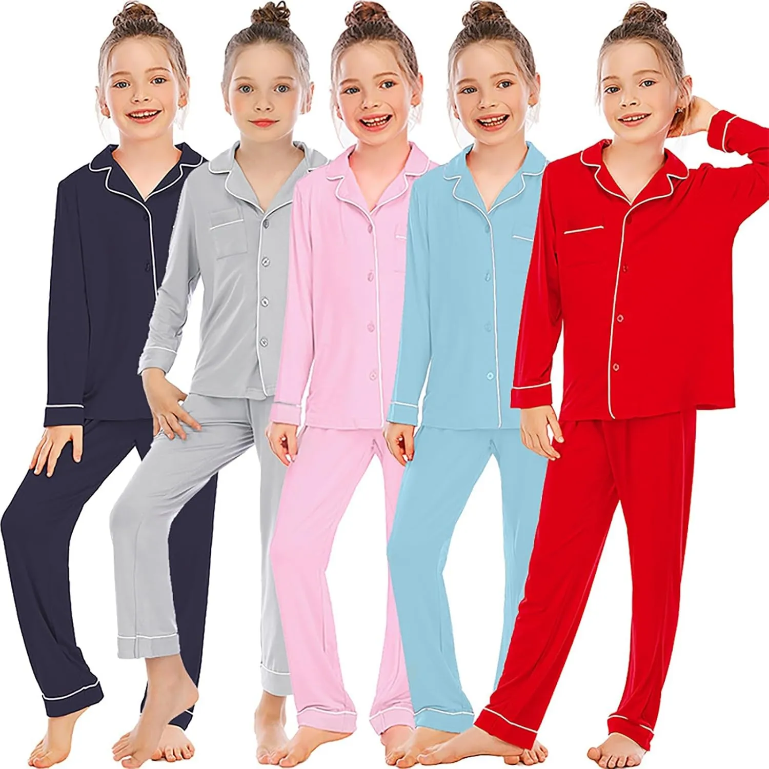 Boys Girls 𝐏a𝐣ama Set Solid Button Down Long Sleeve Sl𝐞epwear Cotton 𝐏ajamas for Kids 𝐏js Loung𝐞wear Tops Pants