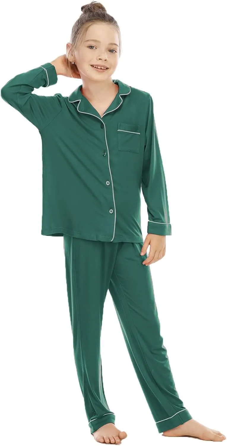 Boys Girls 𝐏a𝐣ama Set Solid Button Down Long Sleeve Sl𝐞epwear Cotton 𝐏ajamas for Kids 𝐏js Loung𝐞wear Tops Pants