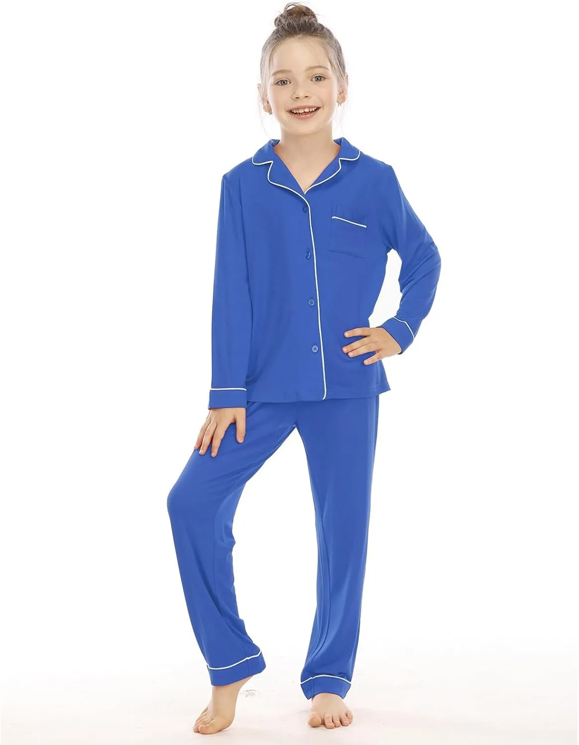 Boys Girls 𝐏a𝐣ama Set Solid Button Down Long Sleeve Sl𝐞epwear Cotton 𝐏ajamas for Kids 𝐏js Loung𝐞wear Tops Pants