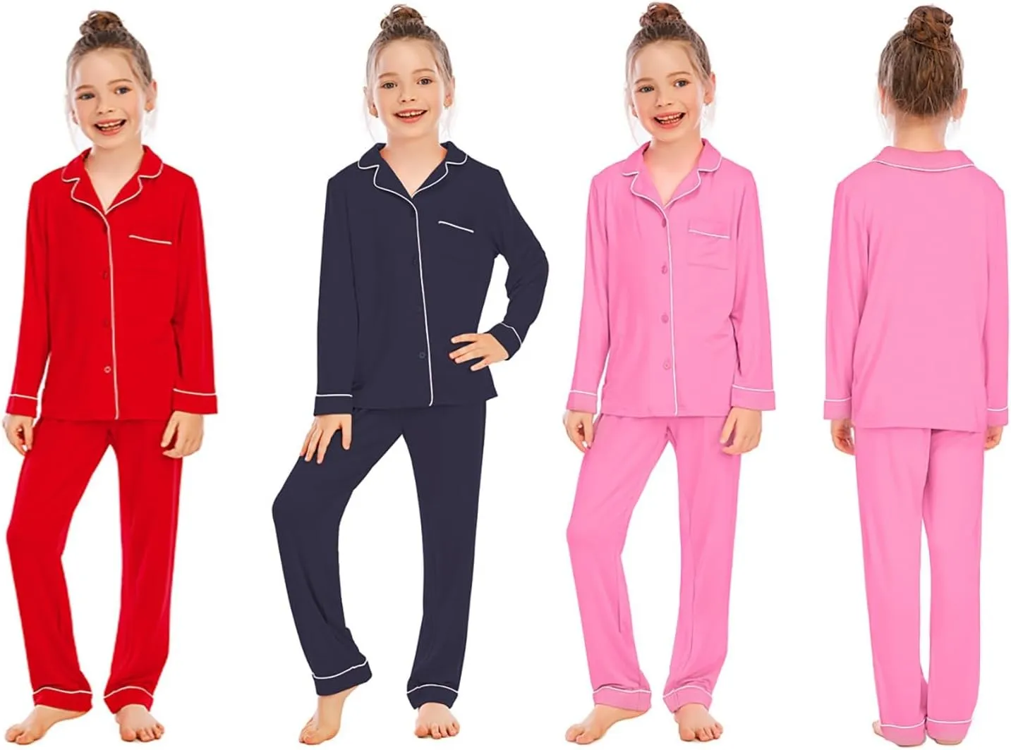 Boys Girls 𝐏a𝐣ama Set Solid Button Down Long Sleeve Sl𝐞epwear Cotton 𝐏ajamas for Kids 𝐏js Loung𝐞wear Tops Pants