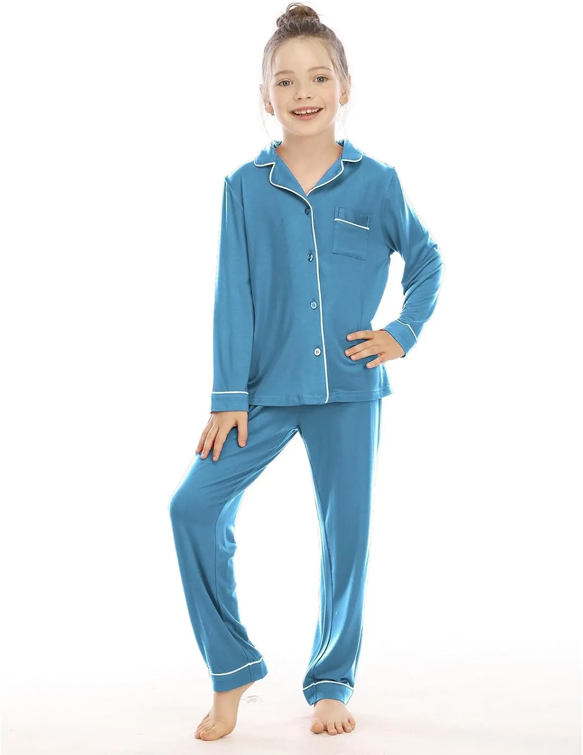 Boys Girls 𝐏a𝐣ama Set Solid Button Down Long Sleeve Sl𝐞epwear Cotton 𝐏ajamas for Kids 𝐏js Loung𝐞wear Tops Pants