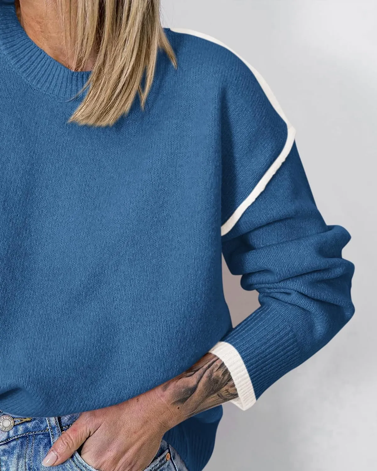 BTFBM Fall Sweaters for Women 2025 Trendy Casual Crew Neck Long Sleeve Loose Ribbed Knit Sweater Pullover Jumper Tops